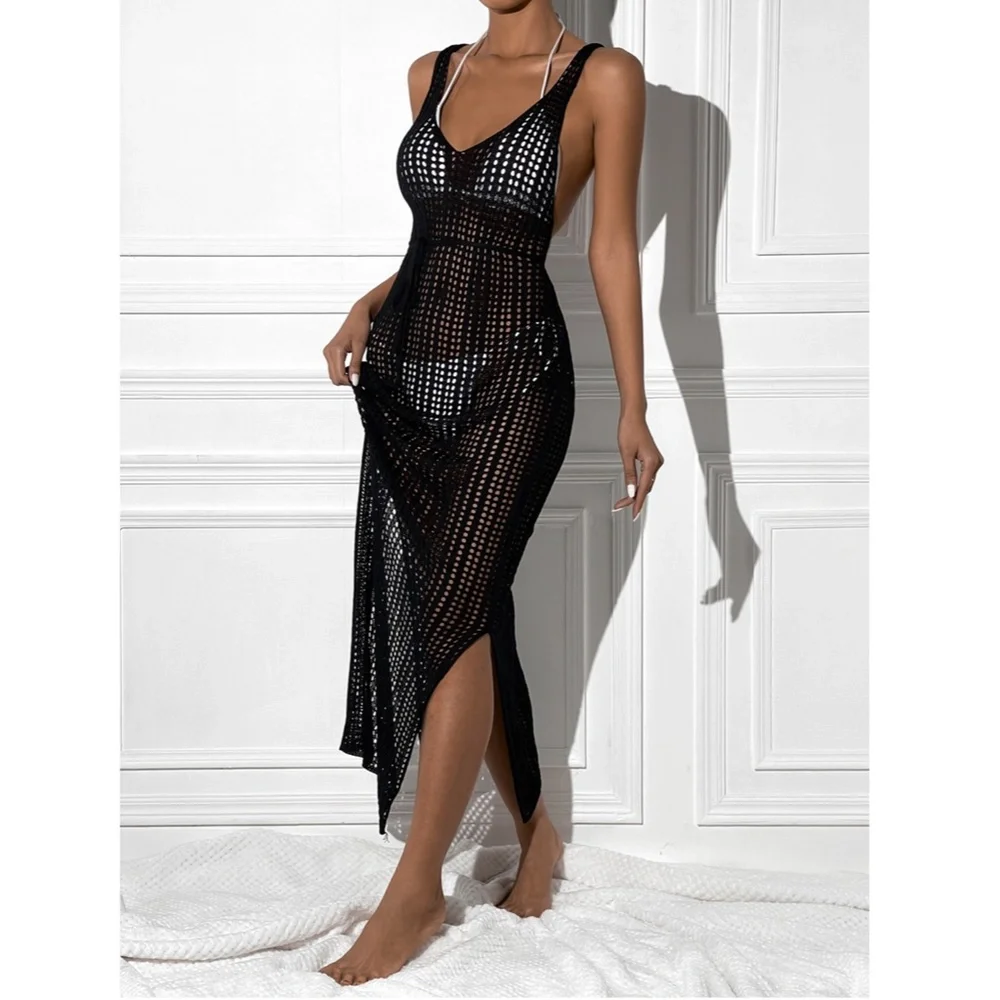 Black Knitted Long Swim Coverup Open Back Waist Ties - Picture 5 of 6